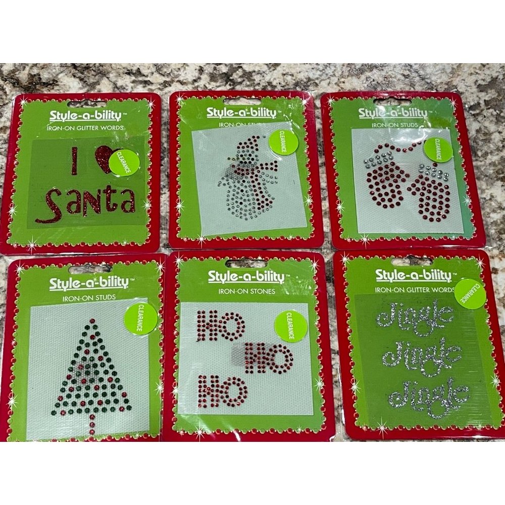 Style-a-bility Iron-on lot 6 Christmas Glitter Studs Stones Words Tree Snowman